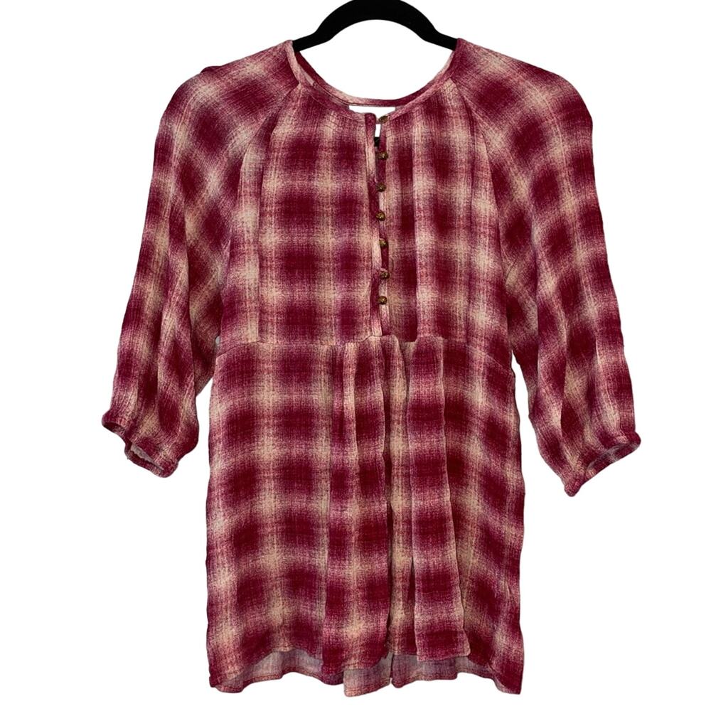 Maeve Anthropologie‎ Plaid Peasant Top XS Red Boho Blouse